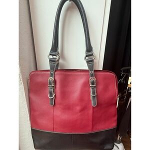 Wilsons Leather Red Black Pebbled Colorblock Tote Leopard Lined Shoulder Bag